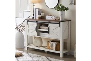 OKD Entryway Table with Sliding Barn Doors, 46" Farmhouse Console Table with Storage Shelf, Rustic Sofa Table Behind Couch for Hallway, Entry Way, Living Room, Foyer, Antique White
