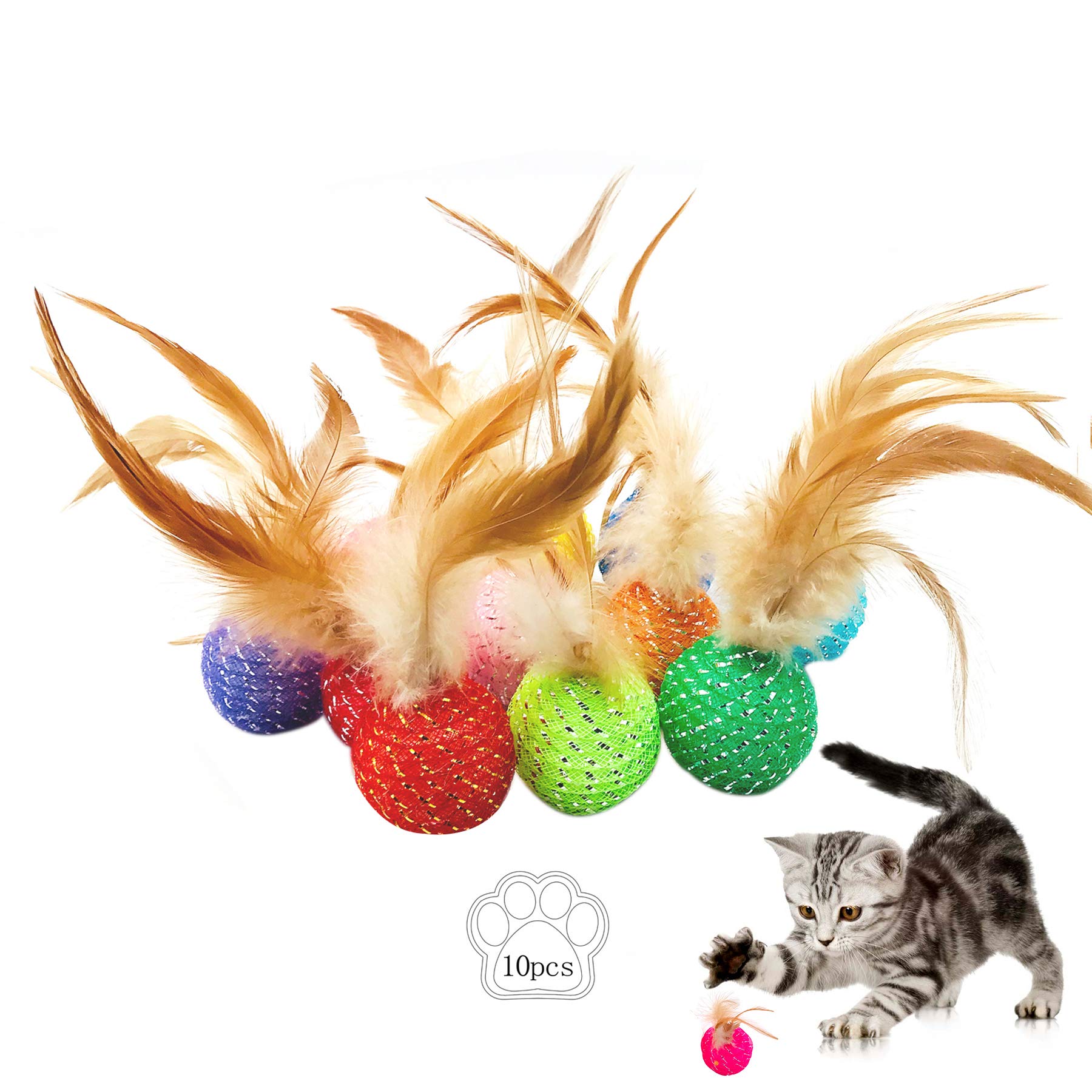 Photo 1 of JpGdn 10Pcs Cat Colorful Rainbow Toys Flutter Balls with Feather and Bells for Indoor Ourdoor Kitty Kitten Interactive Playing Chewing Training Chasing Hunting and Exercise