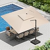 Ombrellon 10 X 13 FT Cantilever Patio Umbrella with Led Lights and Base Included Outdoor Heavy Duty Double Top Rectangle Offset Umbrellas with 360-degree Rotation for Pool Deck Backyard, Beige