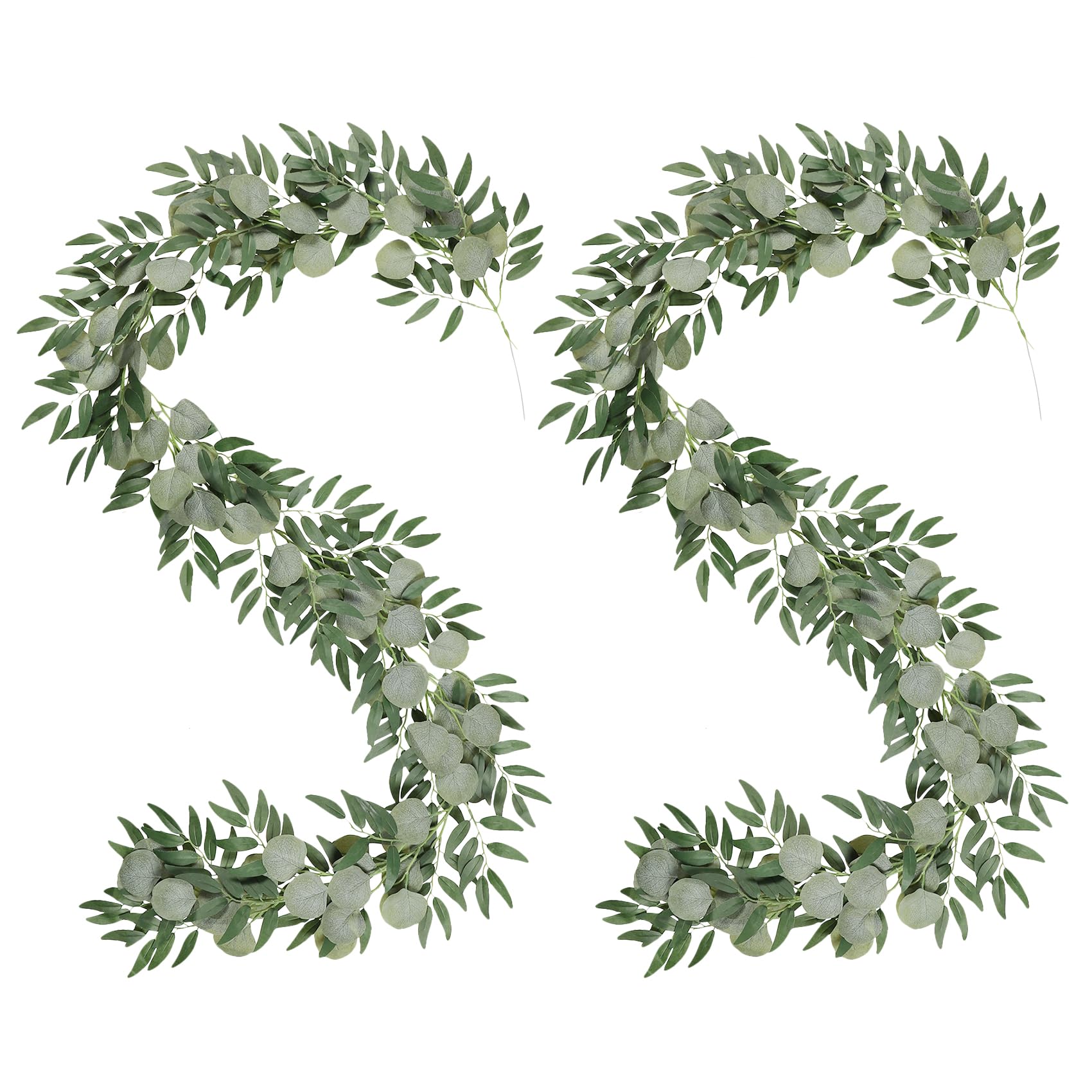 Famibay 2pcs Greenery Garland 6.5Ft Artificial Eucalyptus and Willow Leaves Garland Green Artificial Plants Table Runner Fake Leaf Vine for Wedding Home Decor