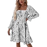 LYANER Women's Square Neck Lantern Long Sleeve Ruffle Shirred Flowy Party Mini Dress