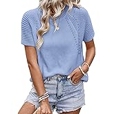 Dokotoo Women's Tops Dressy Casual Summer Crewneck Short Sleeve Sweaters Knit Solid Trendy Hollow Out Shirts Blouses