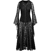 Nihsatin Women's Gothic Fairy Victorian Hooded Lace Cardigan Bell Sleeve Button Up Corset Dress