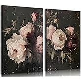 2pcs Vintage Peonies Flower Canvas Wall Art Classical Dark Pink Peonies Pictures Wall Decor Retro Moody Floral Botanical Still Life Posters Prints for Living Room Bedroom Room Home Decoration