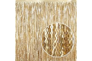 KEEUH 4 Pack Wavy Champagne Gold Metallic Tinsel Foil Fringe Curtains Backdrop - 3.3X6.6ft Foil Fringe Backdrop for Parties | Door Streamers for Birthday | Photo Booth Backdrops Party Decor