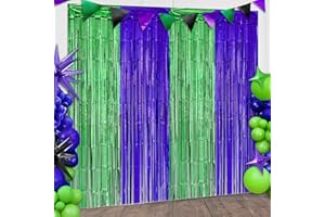 Cartoon Turtle Foil Fringe Curtains Birthday Decorations, 2 Pack 3.28 x 6.56 Ft Green Purple Tinsel Backdrop Monster Truck Ph