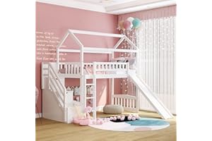 Merax House Loft Bunk Bed Frames with Storage and Slide No Box Spring Needed for Kids, Teens, Girls or Boys