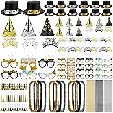 JellyArch 204 Pcs 2026 New Year's Eve Party Supplies for 50 Guests Includes Top Hats Cone Hats Tiaras Glasses Horns Squawkers Blowouts Bead Necklaces Lei Necklace Happy New Year Party Favors