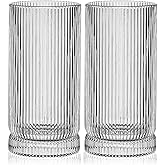 GYRUT 16oz Highball Glasses Ribbed Glassware Set of 4 for Kitchen or Bar for Ice Coffee, Cocktail, Milk, Water