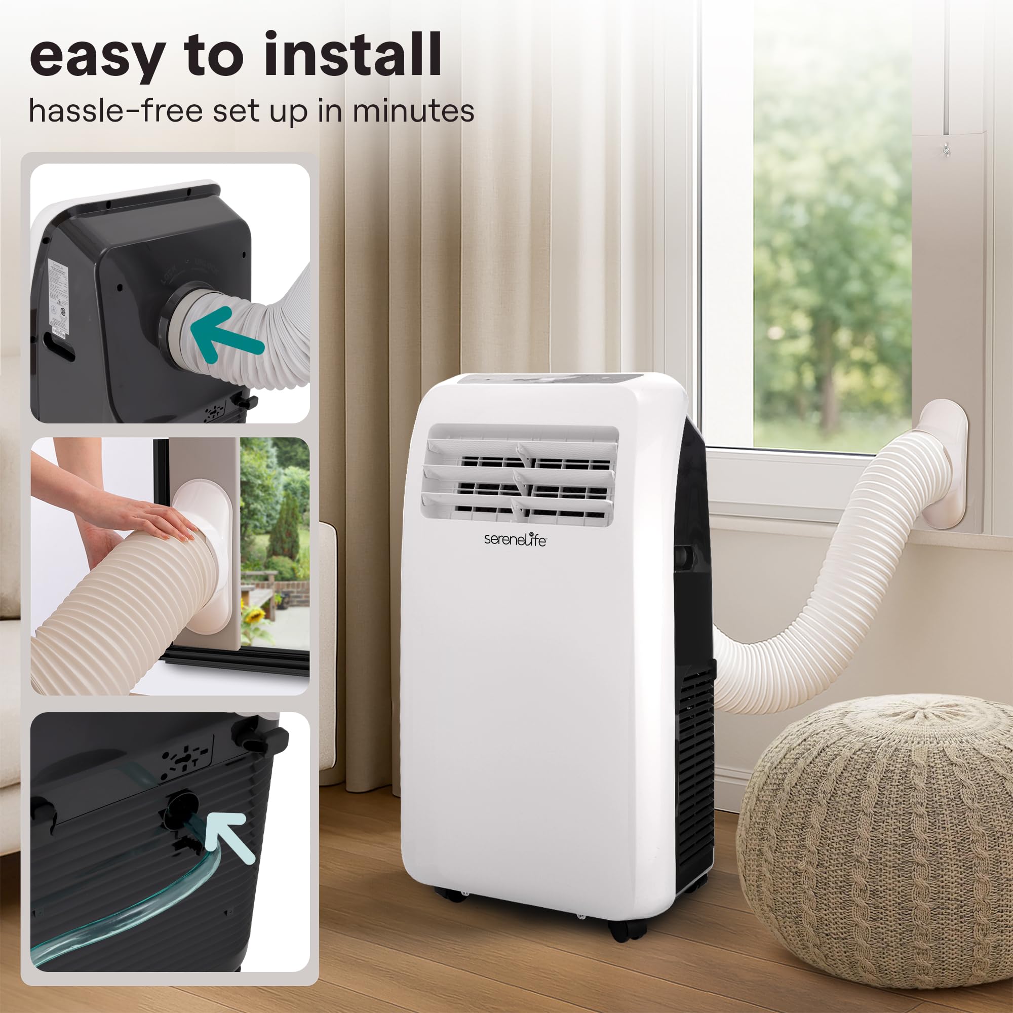 SereneLife Portable Air Conditioner With Heat & Built-in Dehumidifier 10,000 BTU, Portable Heater & AC For Rooms up to 450 Sq Ft - Remote Control & Window Mount Exhaust Kit Included