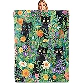 MIEPOS Black Cat in Wildflower Garden Throw Blanket, 50x60in, Soft, Lightweight Flannel,Colorful Floral Jungle with Cute Kitten Blankets, Gifts for Kids, for Home Living Room Decor