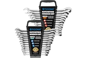 TICONN 24PCS Ratcheting Wrench Set with Organizer Rack, Professional Slim Profile Mechanic Cr-V Ratchet (12PCS Inch (SAE) & 12PCS mm (Metric))