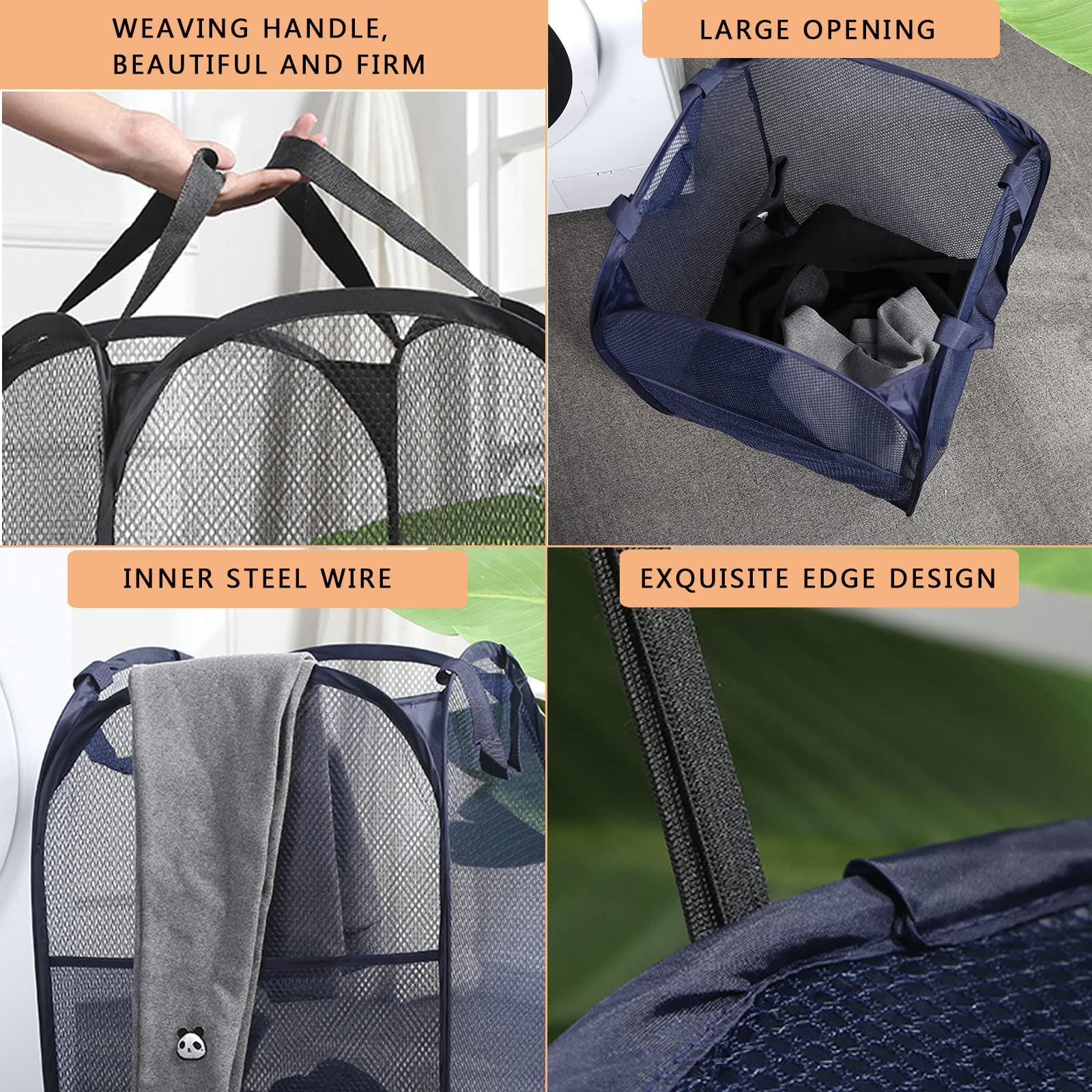 BENJUNC 2 Laundry Baskets, pop-up Laundry Baskets, Foldable mesh Laundry Baskets (Each with 2 Reinforced Handles)…, Blue