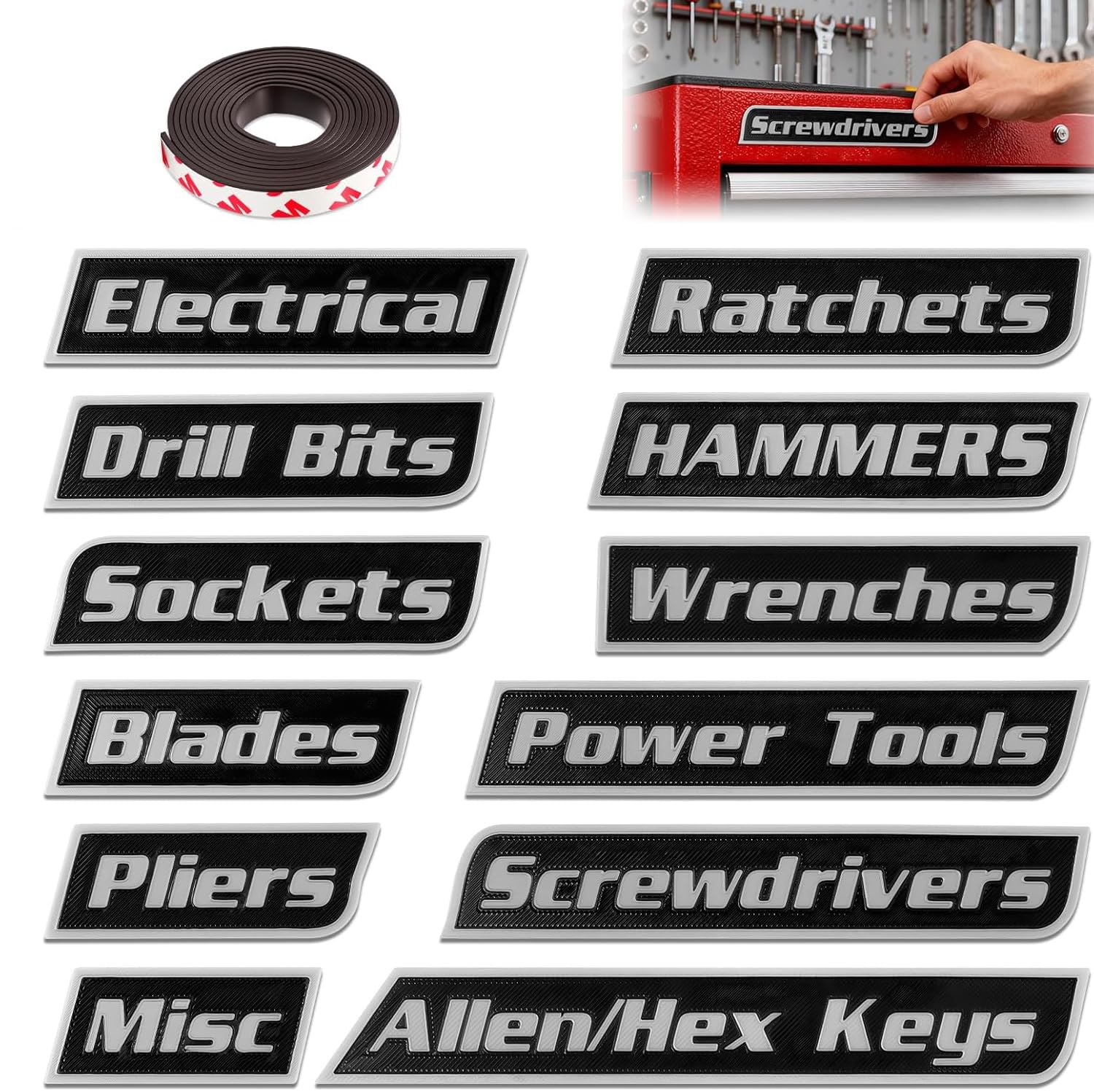 Photo 1 of 12 Pack Magnetic Tool Box Labels Set, 3D-Printed Reusable Tags for Steel Toolboxes, Carts, Drawers, Multipurpose Organization
