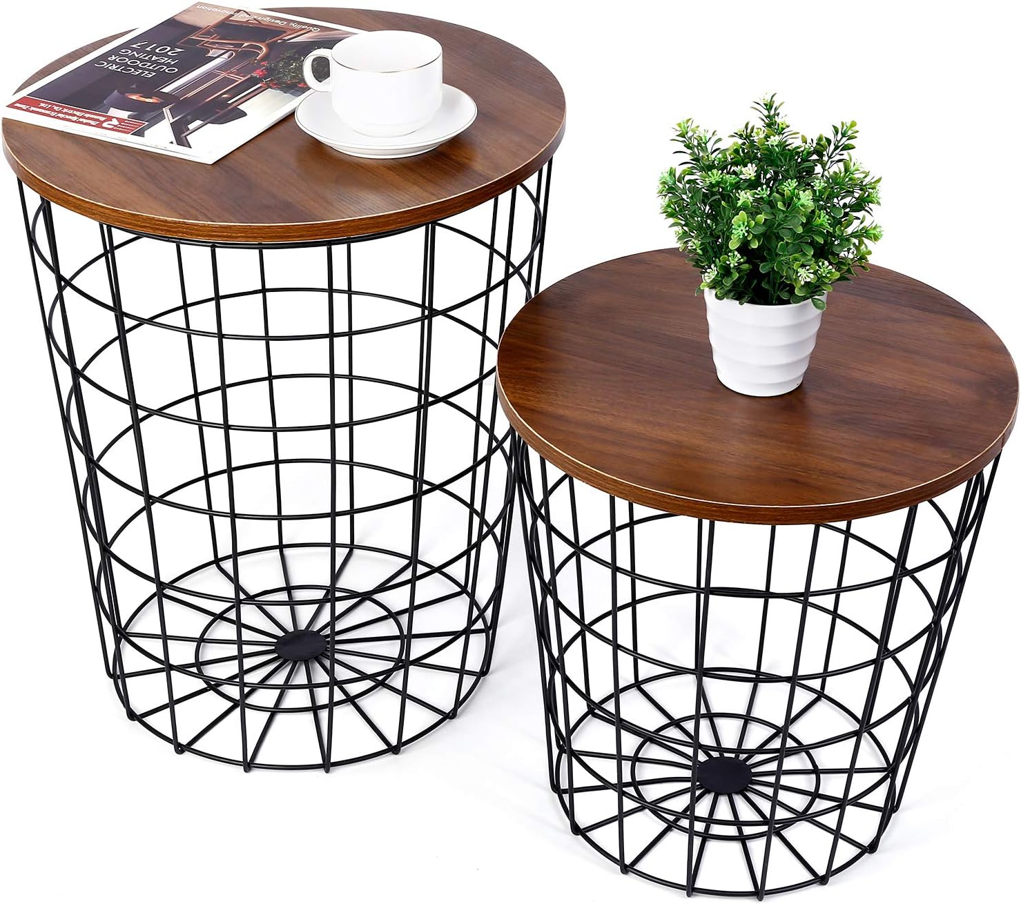 End Side Table For Living Room Amzdeal Nesting Coffee Table With Storage Tray Table With Metal Basket And Removable Wood Top Set Of 2 Home Kitchen Furniture