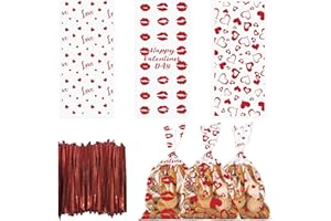 HYING 150 PCS Happy Valentine's Day Cellophane Bags with Twist Ties for Gifts, Love Heart Kiss Cello Treat Bages Valentines Treat Bags for Cookie Candy Goodies Wrapping Supplies