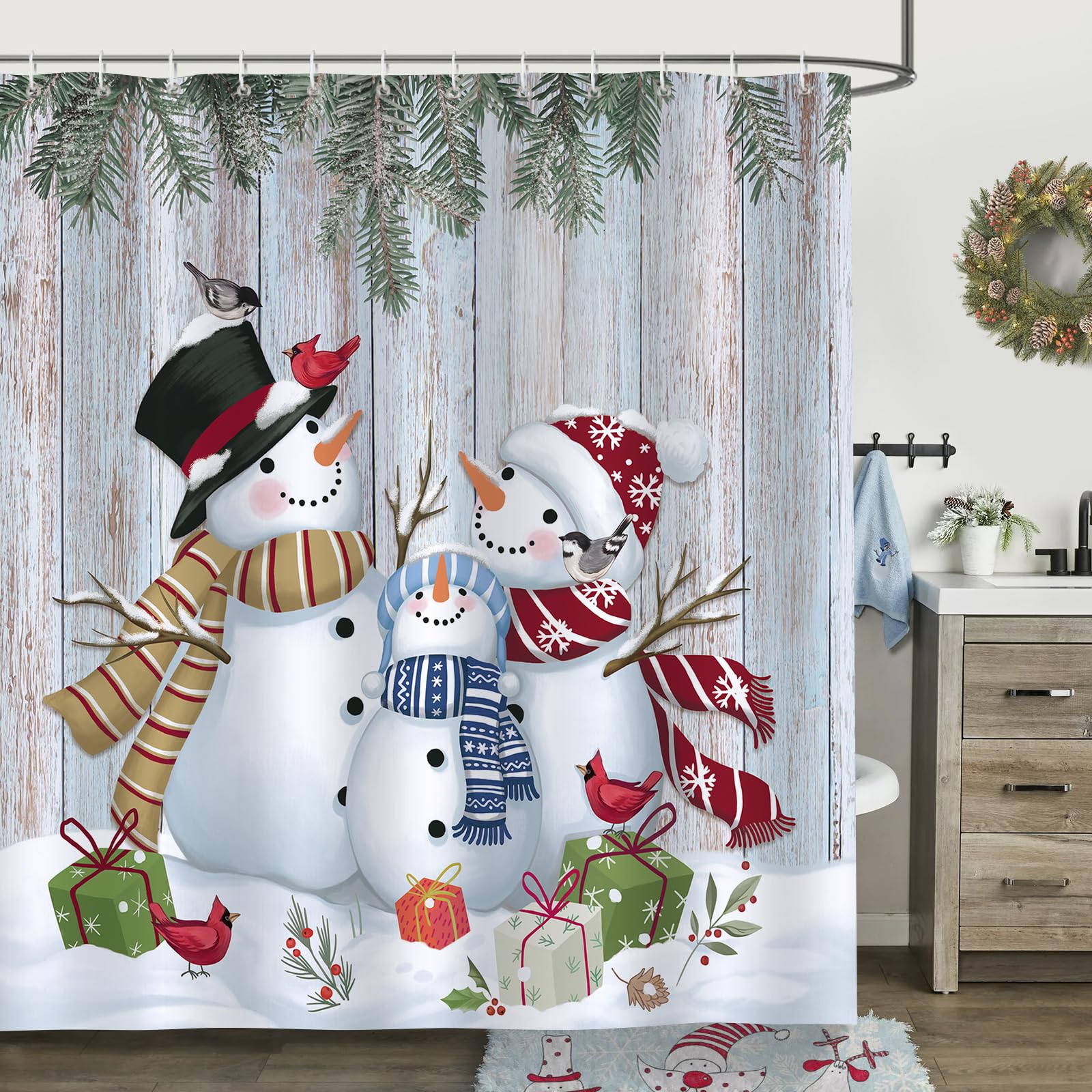 Bonhause Winter Christmas Snowman Shower Curtain Pine Branches Wooden Plank Farmhouse Bathroom Curtain 180 x 180 cm Waterproof Mildew & Mould Resistant Polyester Fabric Bath Curtain with 12 Hooks