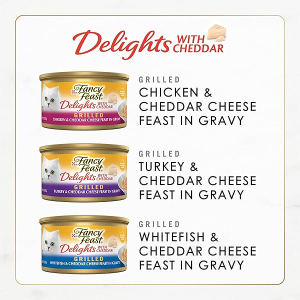 PURINA FANCY FEAST DELIGHTS WITH CHEDDAR GRILLED CHICKEN, TURKEY OR WHITEFISH AND CHEDDAR CHEESE FEAST IN GRAVY WET CAT FOOD VARIETY PACK – (PACK OF 24) 3 OZ. CANS