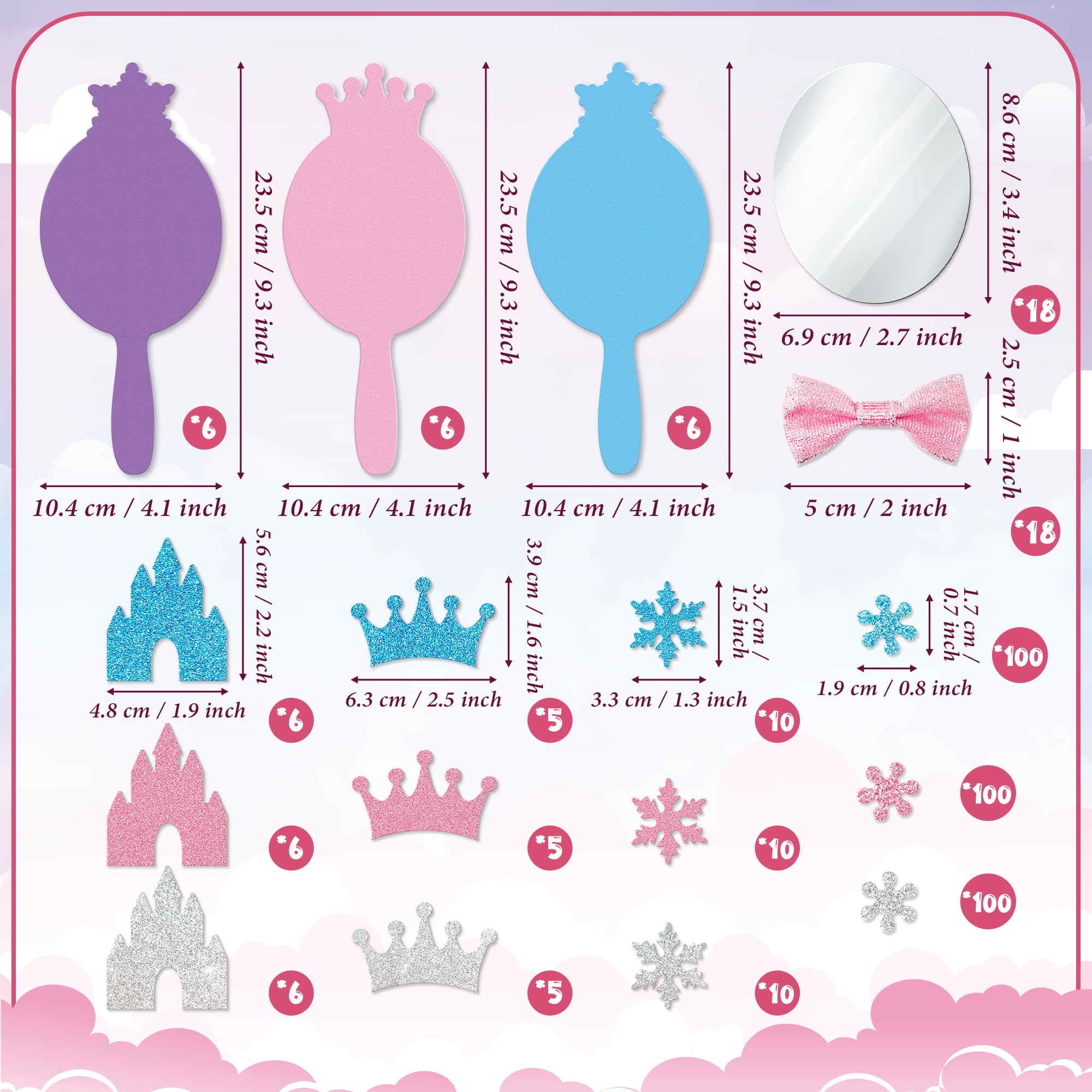 BeYumi Princess Foam Mirror Craft - 18 Pack DIY Decorate Your Own Princess Mirror Craft Kits for Kids Unbreakable Kids Mirrors for Girls Party Decoration Birthday Supplies Gift