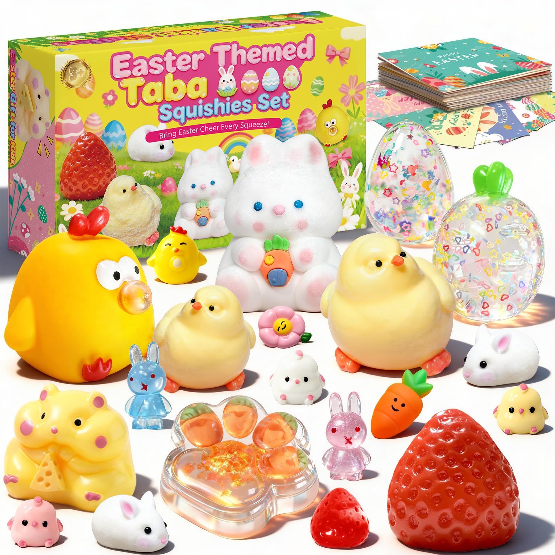 Easter Gifts for Kids - 20Pcs Taba Squishies Kit with Greeting Cards, Kawaii Stress Relief Toys, Squishies Fidget Toys Prizes for Kids Classroom Party Favors and Easter Basket Stuffers for Teens