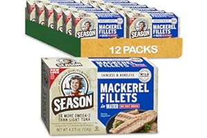 Season Mackerel in Water - Skinless & Boneless, No Salt Added, Wild Caught, Keto Snacks, Canned Mackerel Fillets, Full of Vitamins, Low in Mercury, Kosher, Non-GMO, 20g of Protein - 4.37 Oz, 12-Pack