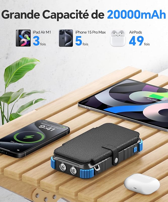 Batterie Externe Solaire 20000mAh avec 4 Panneaux Solaires & 3 Câbles — photo 2 sur 8