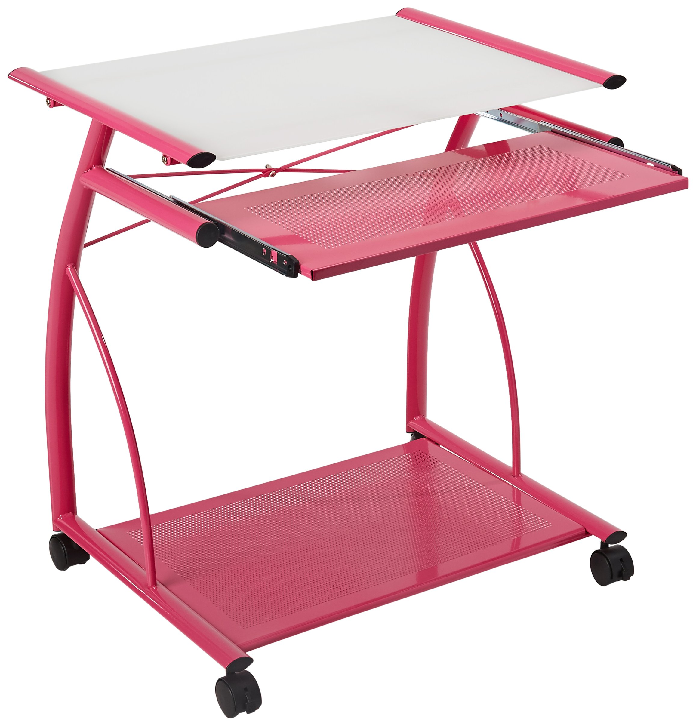 Calico Designs L-Shaped Computer Cart in White Printed Glass, Pink