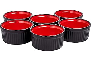 Bruntmor Black & Red Ceramic Ramekin Baking Set Of 6 Serving Dishes | 8 Oz Porcelain Creme Brulee Ramekins For Pie Dish| Charcuterie Cups Accessories | Safe For Oven and Dishwasher