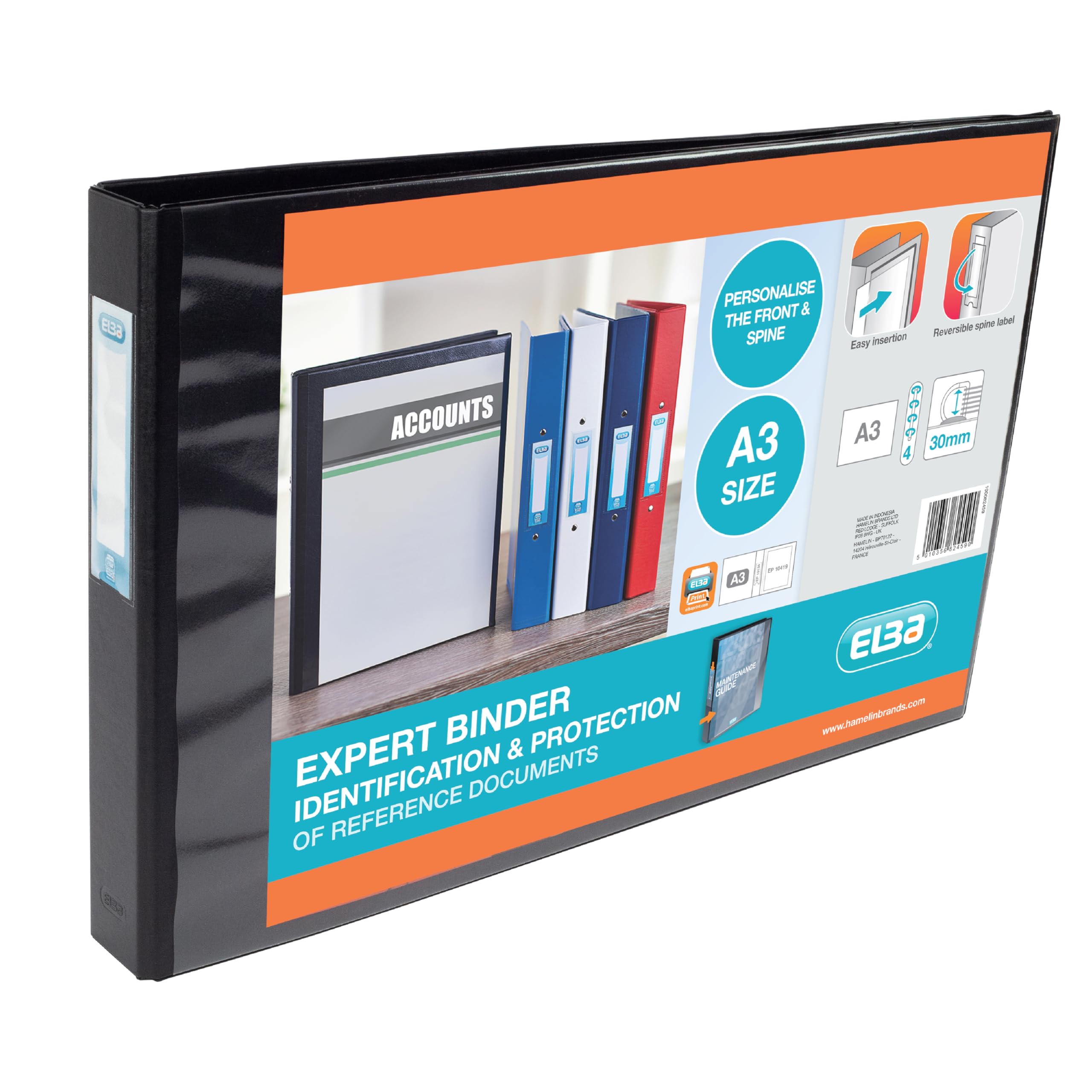 Elba A3 4 D-Ring Binder, PVC-Covered Presentation Folder with Customisable Cover, 55 mm Spine, 30 mm Capacity, Landscape, Black, Single