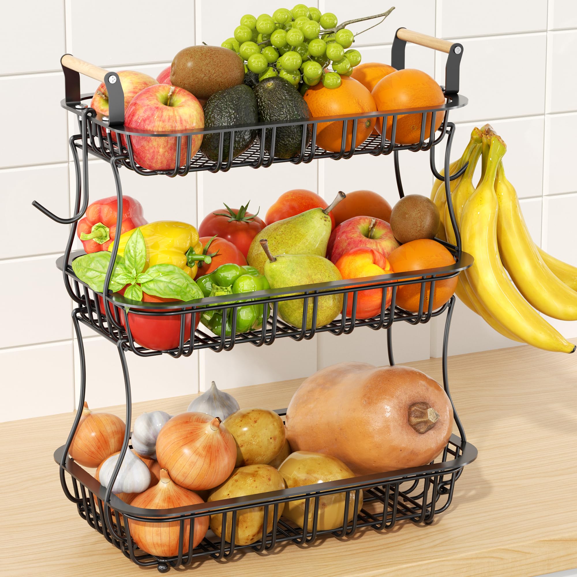 Photo 1 of 3 Tier Fruit Basket for Kitchen Counter, Fruit Bowl with 2 Banana Hooks Mesh Top, Multifunctional Detachable Sturdy Kitchen Storage Organizer for Vegetables Snacks Onion Potato, Black