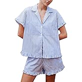 Arssm Womens Striped Pajama Sets 2 Piece Cotton Pjs Sets Short Sleeve Button Down Shirts and Shorts Sleepwear