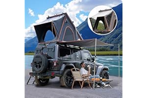 HEYFUN Explorer Plus Rooftop Tent Hardshell with Side Awning, Air Conditioner Outlet with Bracket, Luggage Racks&Replaceable Netting Rain Curtain, Truck Bed Tent for Camping, Pop Up SUV Roof Top Tent