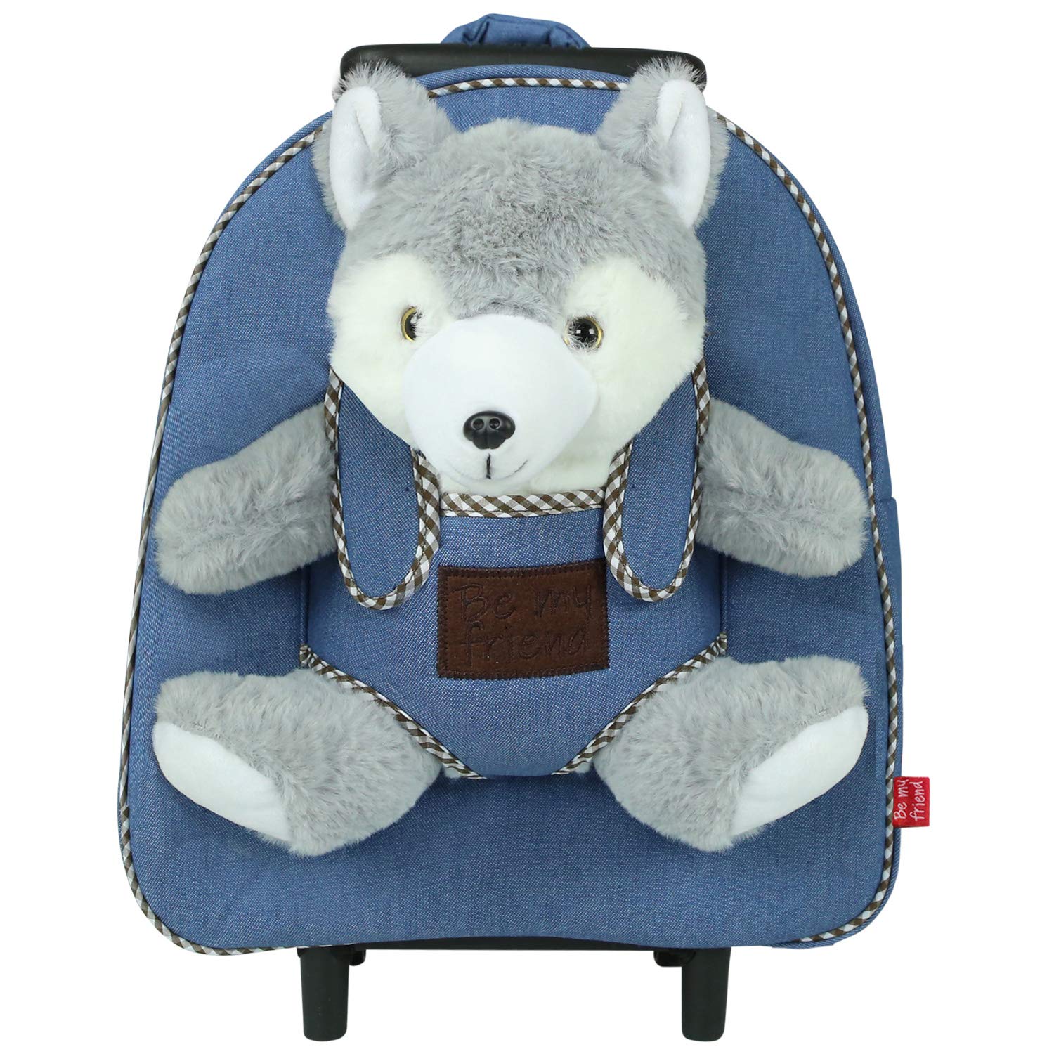 Carry On Backpack Plush Husky for Children 3 4 5 Years - Toddler Boy Handbag with Removable Animal and Detachable Wheels - Small Rolling Luggage Kids with Puppy Dog - 32x28x11 cm - Perletti (Husky)