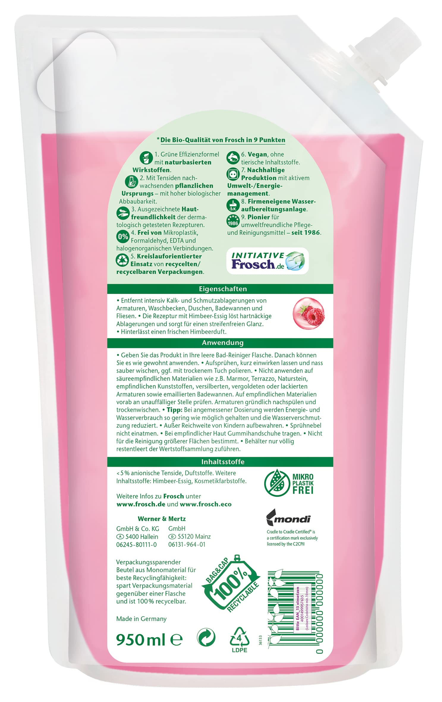 Frosch Himbeer-Essig Anti-Kalk Reiniger, Kraft-Reiniger - extra stark gegen Schmutz und Kalk, für Küche und Bad, im Nachfüllbeutel 1er Pack (1 x 950 ml) 2