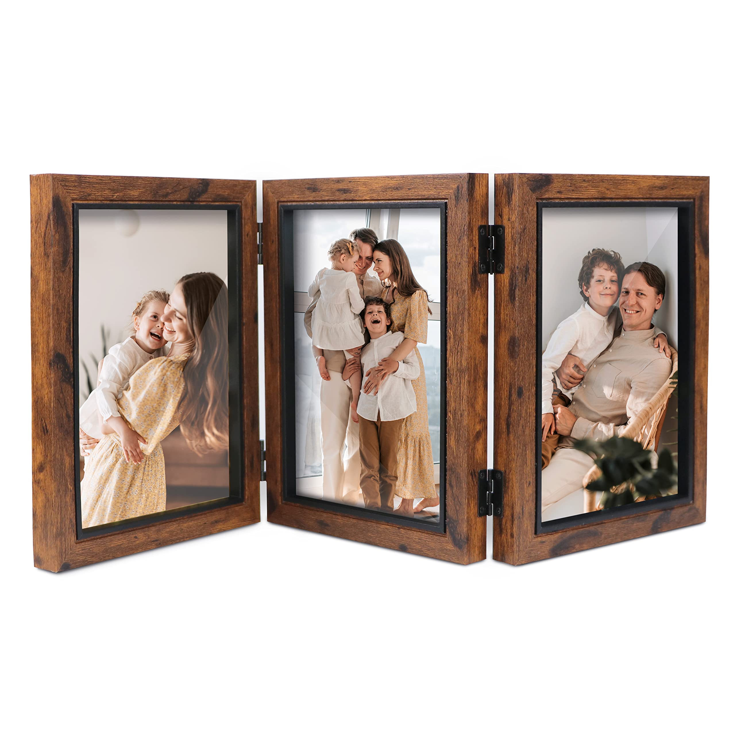 Shampsen Trifold Photo Frame 5x7 Three Photo Collage Frame Hinged Triple Foldable Frame for Tabletop Desk Display Gift - Dark Brown Woodgrain