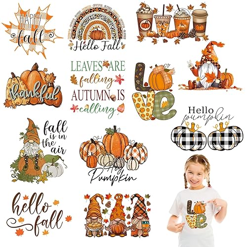 12 Sheets Fall Dtf Transfers Ready to Press,Fall Iron On Transfers for T-Shirts,Fall Heat Transfers Vinyl Pumpkin Gnome HTV Vinyl Iron on Decals for Clothes Pillow Hoodie DIY Crafts