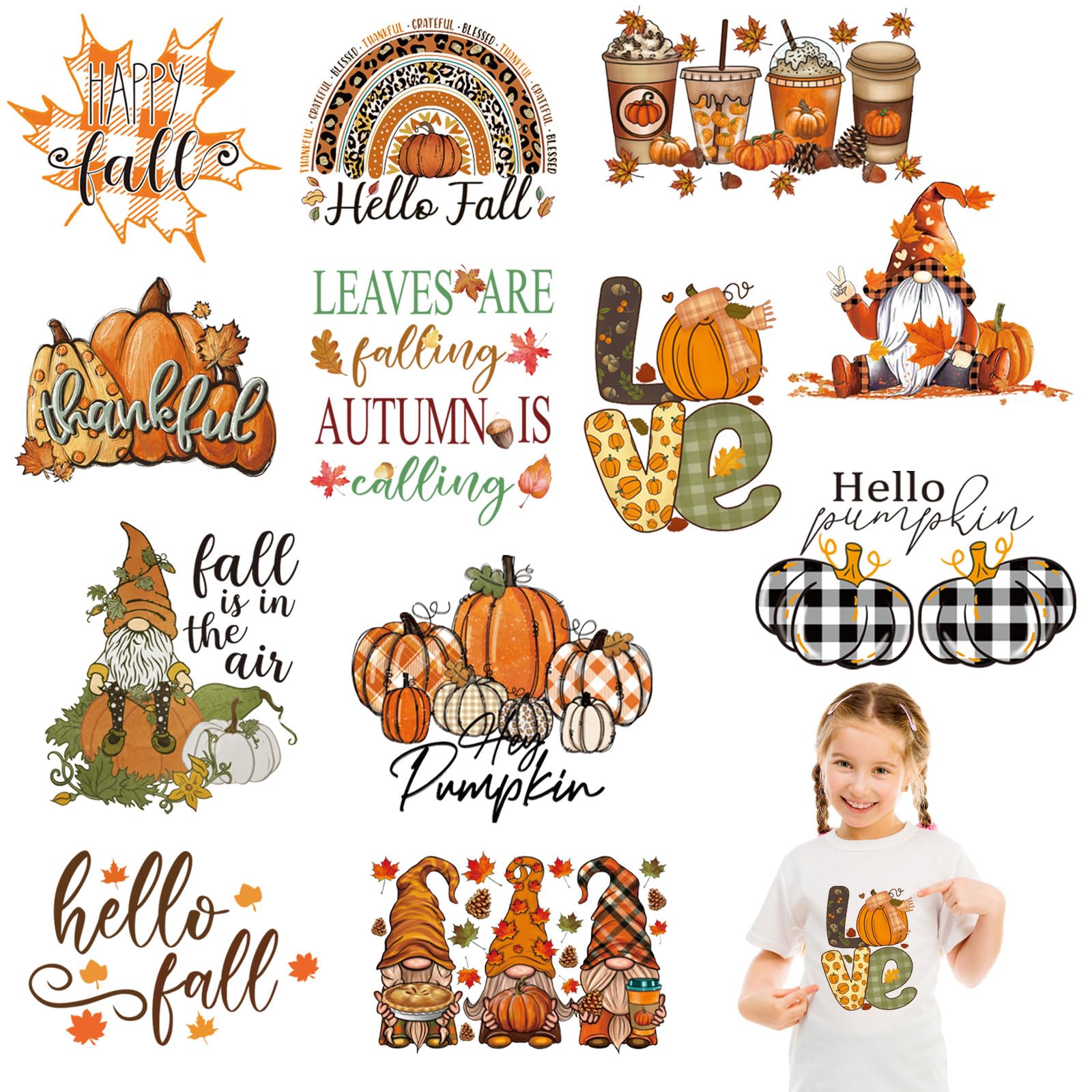 Photo 1 of 12 Sheets Fall Dtf Transfers Ready to Press,Fall Iron On Transfers for T-Shirts,Fall Heat Transfers Vinyl Pumpkin Gnome HTV Vinyl Iron on Decals for Clothes Pillow Hoodie DIY Crafts