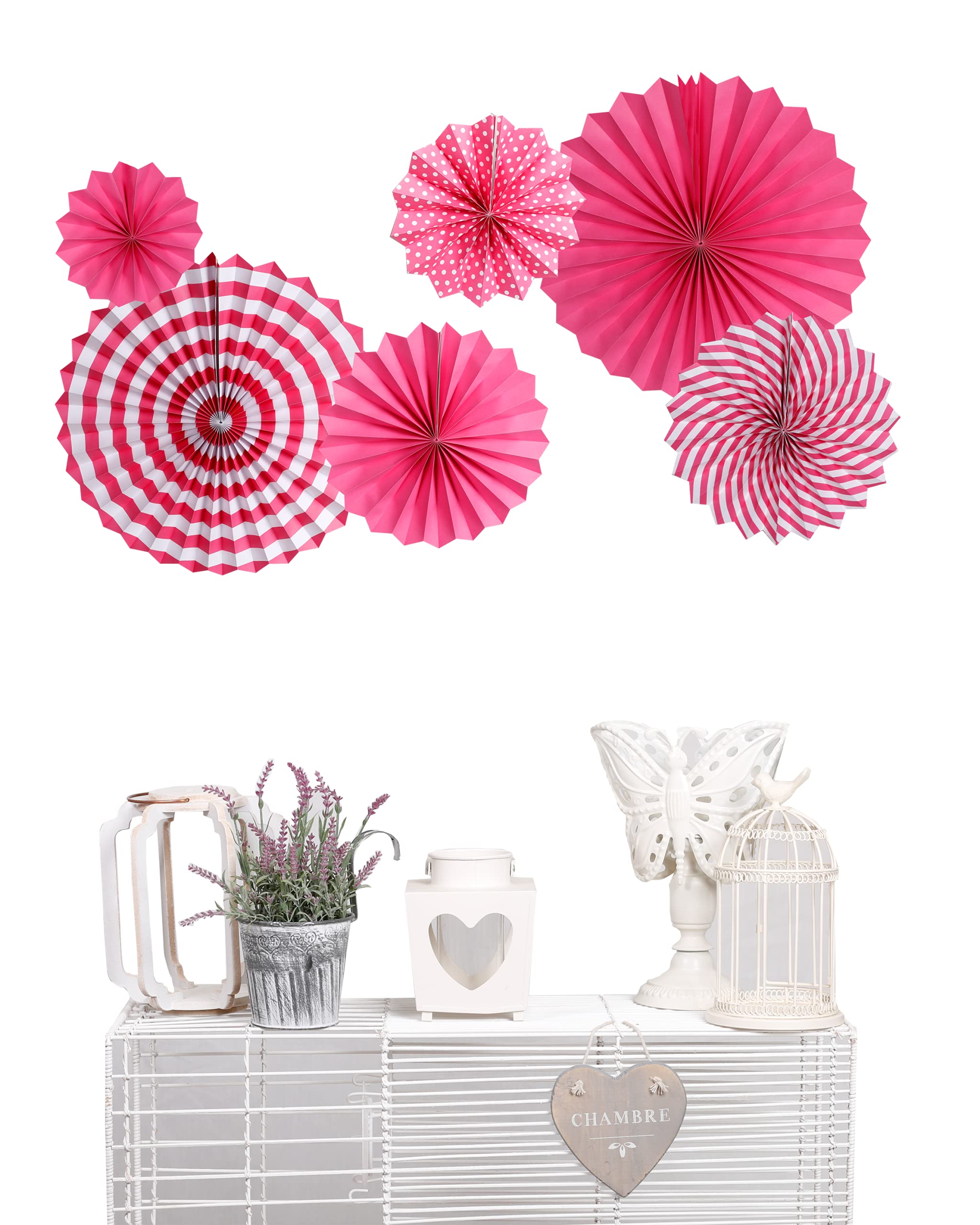 6pcs Paper Fan Decorations Party Hanging Ceiling Decorations Pink Birthday Colourful Christmas Halloween Birthday Valentine Baby Shower (Hot Pink Shade) — image 1