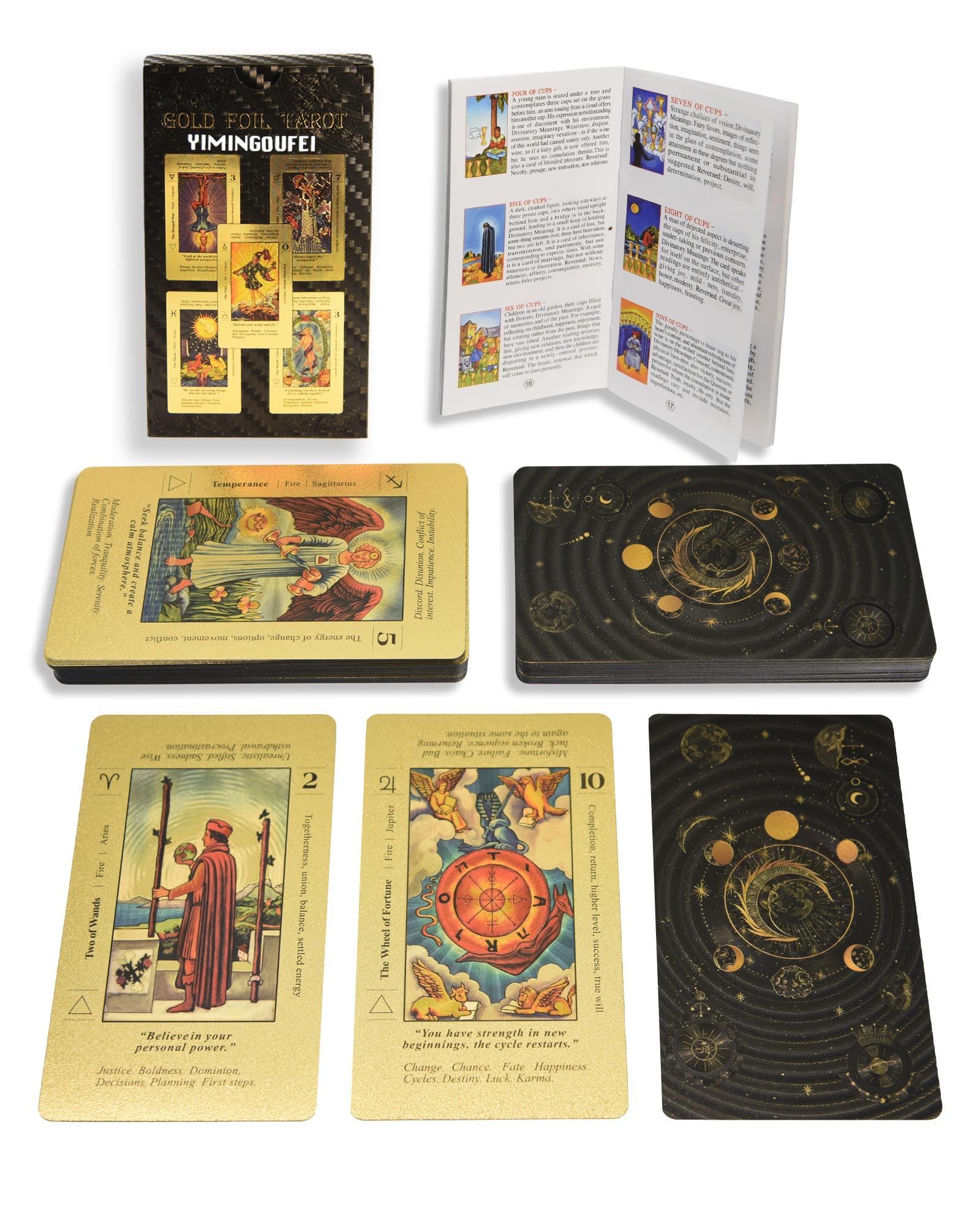 YIMINGOUFEI 78 Piece Gold Foil English Tarot Deck Cards with 36 Page Guide Book, PET, Waterproof & Anti-Wrinkle, Foil Tarot Cards for Beginners (Black Celestial Body) — image 1