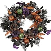 Pudate 22 Inch Halloween Wreath for Front Door, Spooky Black & Purple Glitter Rose Wreath with Bats & Ornaments, Outdoor Halloween Decorations