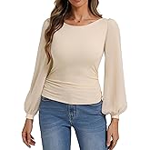 Belle Poque Women's Mesh Long Sleeve Tops Boat Neck Bow Tie Back Dressy Blouses 2026 Spring Going Out Outfits