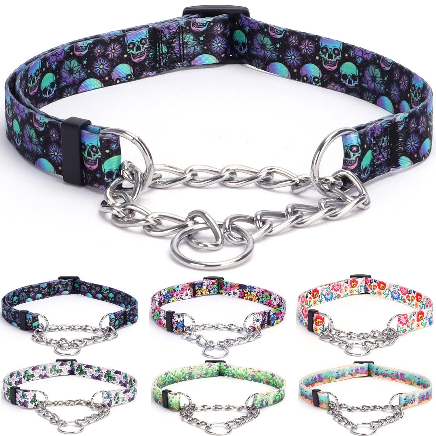haoyueer Martingale Dog Collar - Stainless Steel Chain, No Pull Training Collar with Flower Design for Large Medium Small Dogs (M, Skulls)