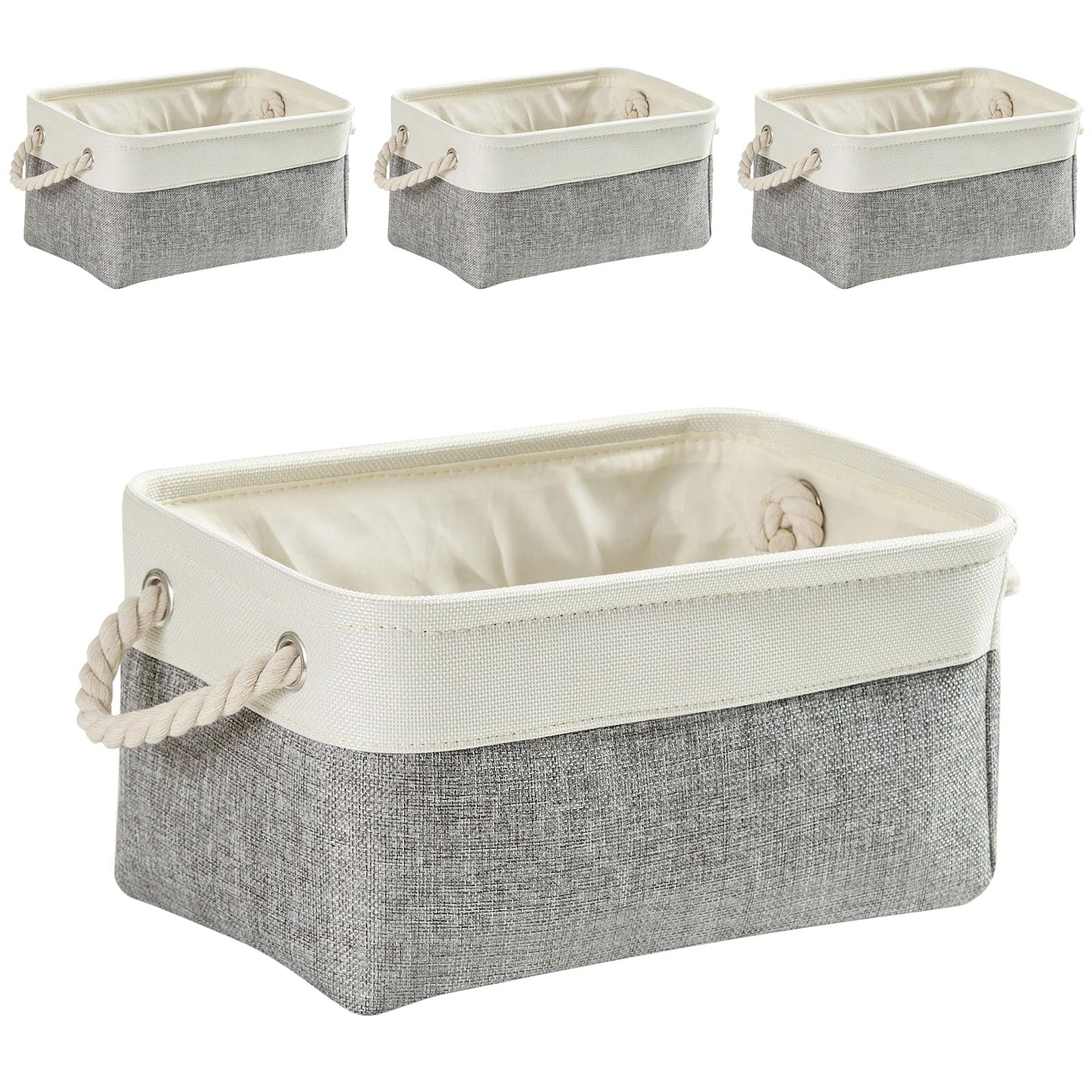 Mangata Small Storage Box set of 4, Foldable Fabric Storage Baskets with Handles for Cupboards, Wardrobe, Shelves, Clothes, Toys, Towel, Bathroom(Grey White)
