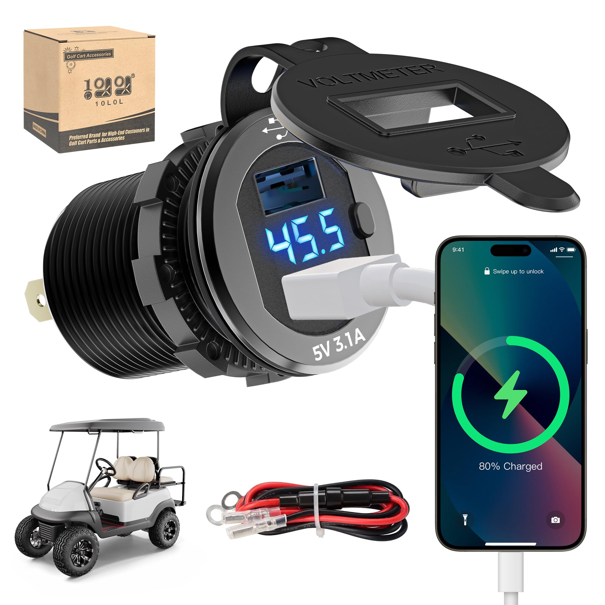 Photo 1 of 10L0L Golf Cart Quick Charge 3.1 Dual USB Charger,2 in 1 USB Ports & LED Display Voltage Meter Universal for Club Car,EZGO and Yamaha,Metal Shell Safe Charging Socket 9V-48V Wide Voltage Input