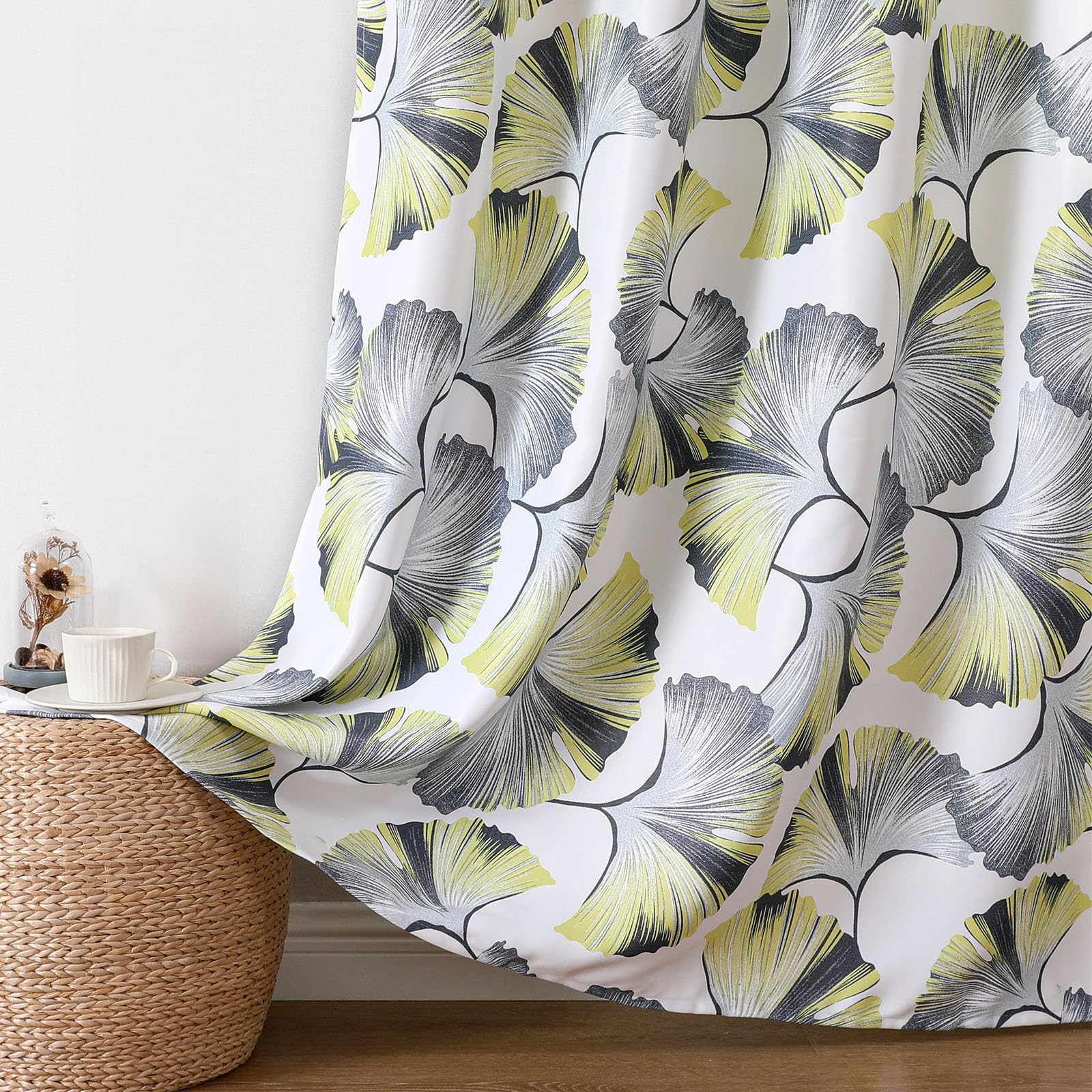 Joydeco Printed Curtains 84 inches Long,Light Yellow Floral Blackout Curtains for Living Room 2 Panels,52 x 84 inch Rod Pocket Thermal Insulated Bohemian Drapes for Farmhouse,Bedroom,White Image