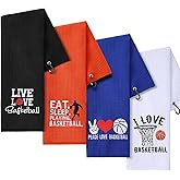 VitalCozy 4 Pieces Funny Basketball Towel 16 x 24 Inch Embroidered Basketball Sweat Towels with Clip Workout Towel Hand Bath Towels Basketball Player Sports Gifts for Men, 4 Styles