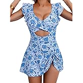 Aidonger One Piece Swimdress Swimsuit for Women Tummy Control Ruffle Swim Dress Skirt V Neck Cutout Wrap Bathing Suit