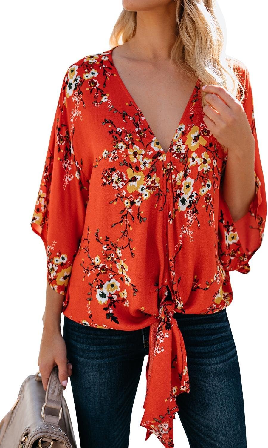 Womens Floral V Neck Tie Knot Front Blouses Bat Wing Short Sleeve Chiffon Tops Shirts