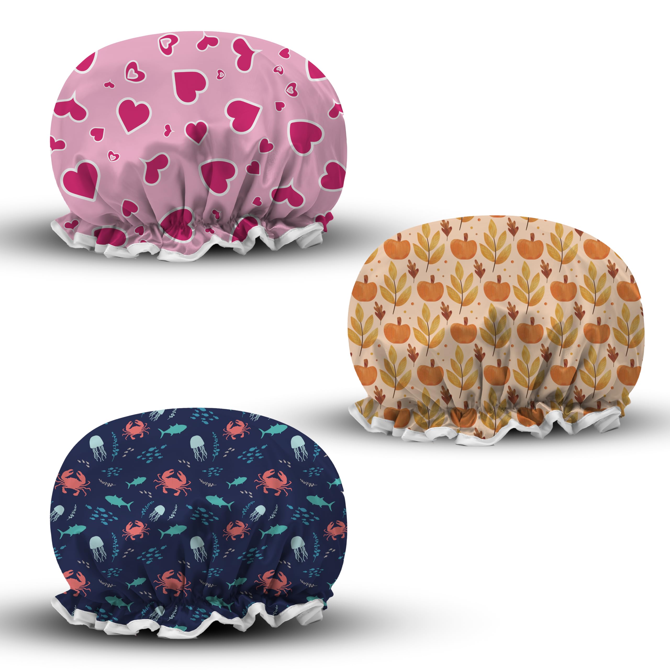 3Pcs Shower Cap Waterproof Elastic Band Dual Layer with Frilled Edges Keeping Hair Dry-Reusable Shower Caps For Women UK By MAUZIMRA