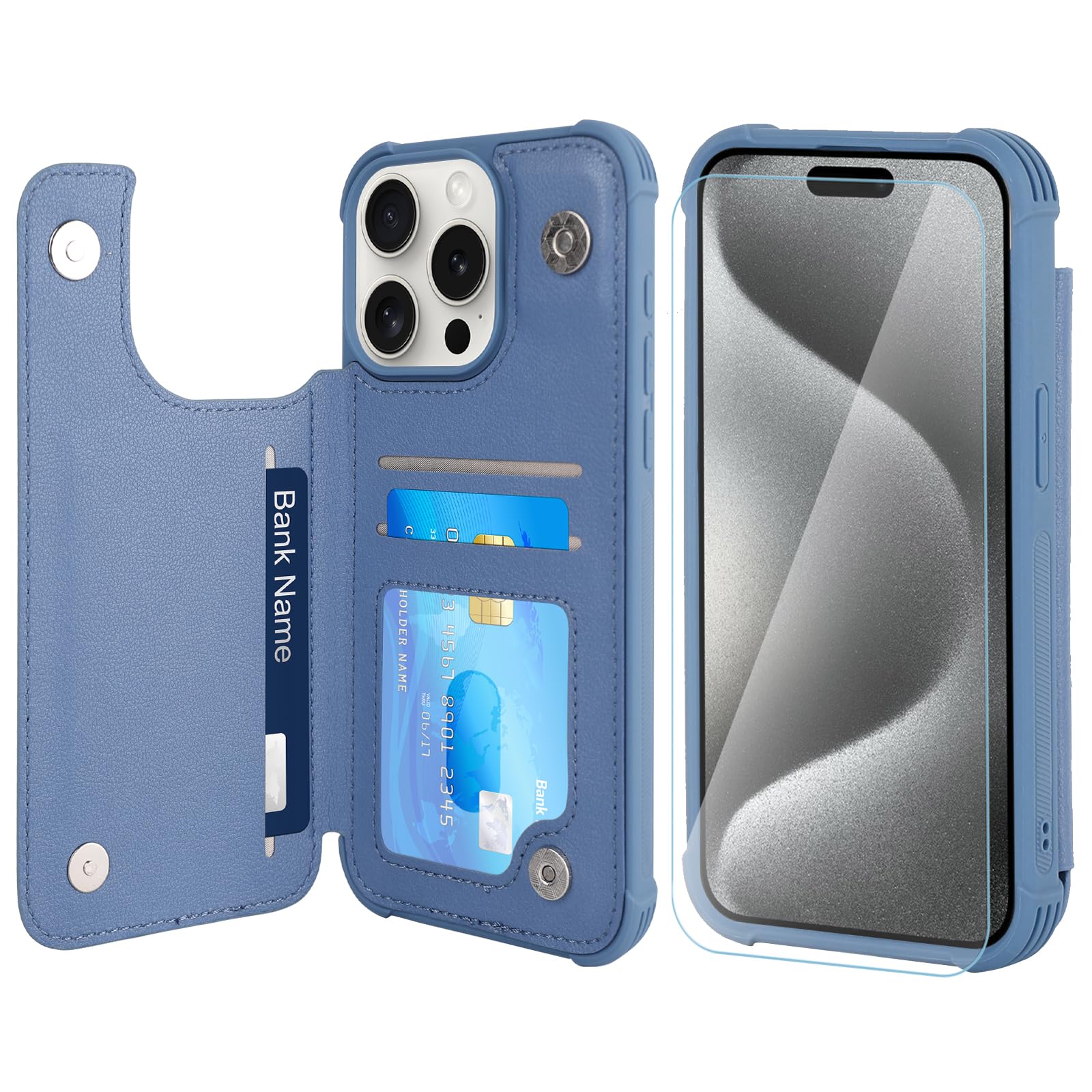 VANAVAGY Wallet Case Compatible for iPhone 15 Pro Max,Leather Flip Folio Shockproof Phone Cover Fit Magnetic Car Mount [Screen Protector Included] with Credit Card Holder, blue
